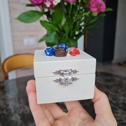 Artdilia Wood handmade rings box White trinket box Berries decor on lid Gift storage box