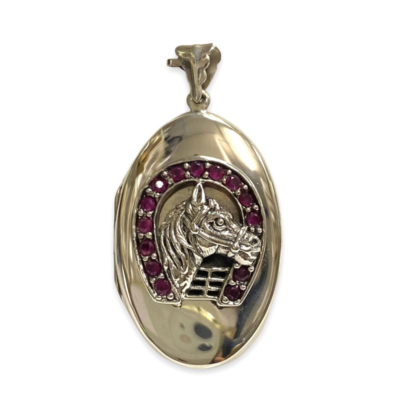Large Victorian Style Horse & Ruby Horseshoe Locket Pendant 925 Sterling Silver - 項鍊 - 純銀 銀色
