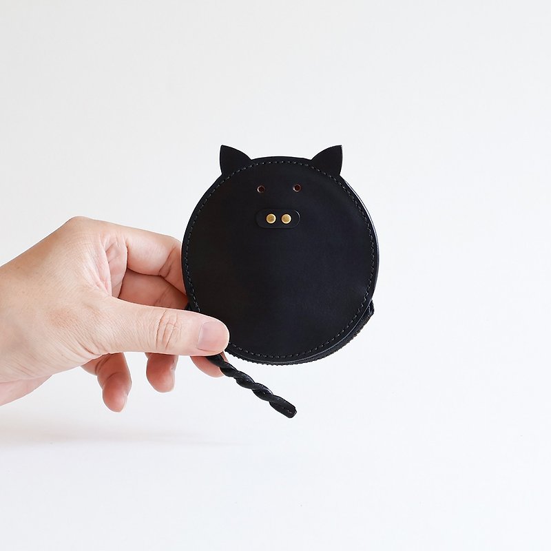 Hand-stitched hand-dyed black leather piggy coin purse