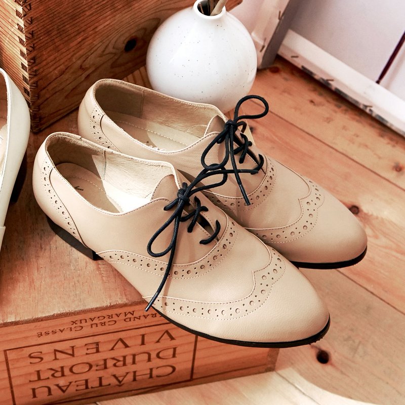 Milk tea color full leather strap low-heeled oxford shoes - รองเท้าอ็อกฟอร์ดผู้หญิง - หนังแท้ 