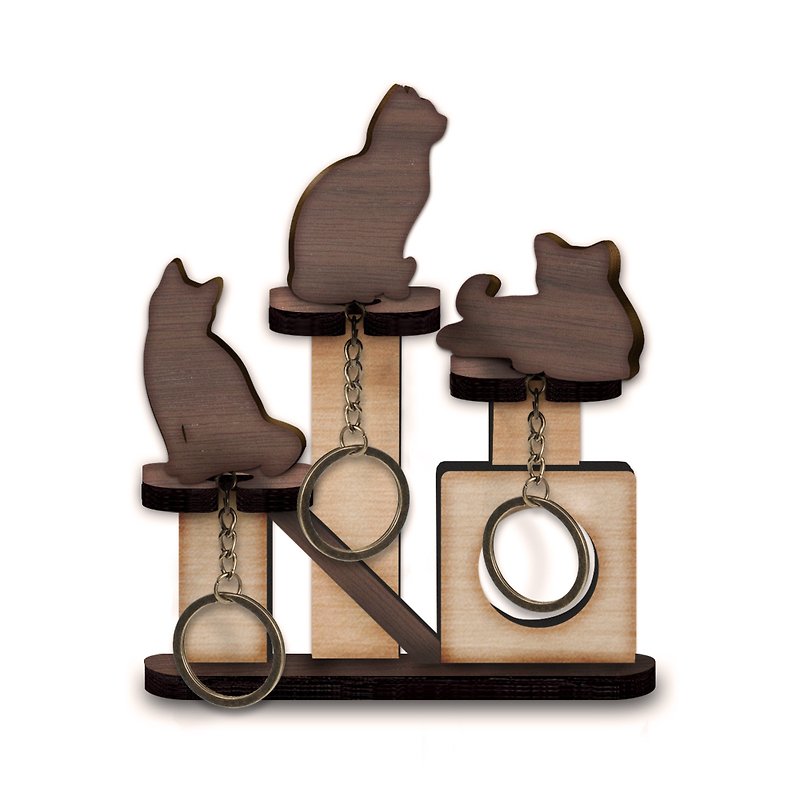Cat jumping platform wooden key ring hanger set (three entry) - Items for Display - Wood Brown