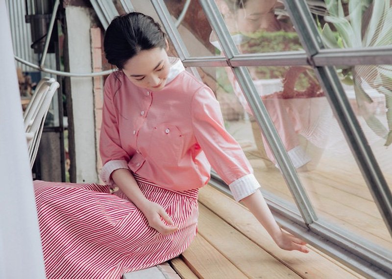 雨輝く襟袖シャツ - 淡いピンク - シャツ・ブラウス - コットン・麻 ピンク