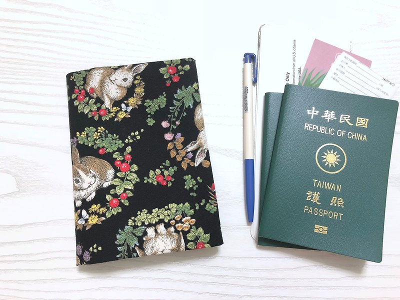 Wreath rabbit. Black / can accommodate tickets. Cards. Documents. Pen passport sets. Clips (with buckle / no buckle) - Passport Holders & Cases - Cotton & Hemp Black