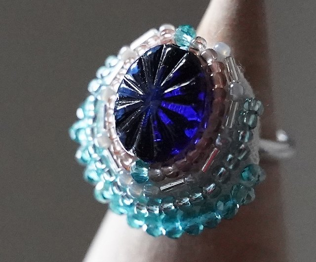 Talkative Ring 81 Free Size Bead Embroidered Ring Blue Multicolor ...