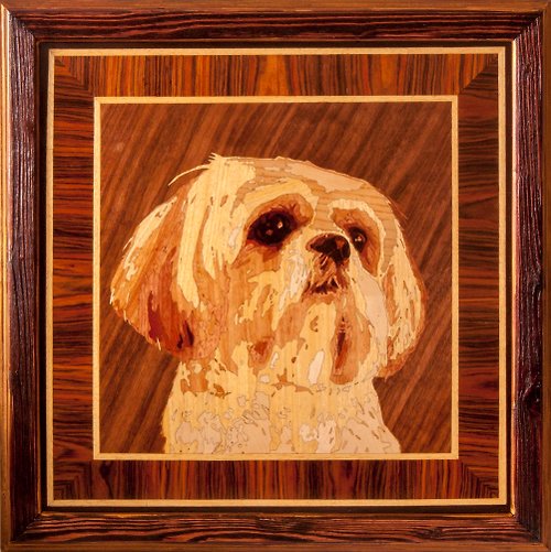 Woodins Shih Tzu dog pet portrait wood wall art decor inlay veneer panel framed mosaic