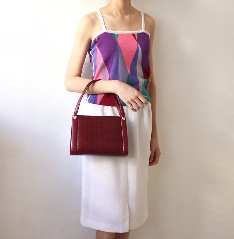 FOAK Vintage / New in Stock / 60s Showa Wine Red Woven Antique Bag - Handbags & Totes - Genuine Leather 