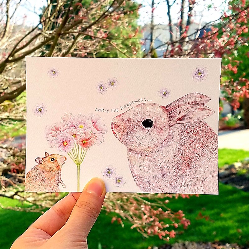 Postcard-Bunny and Mice viewing flowers - Cards & Postcards - Paper Pink