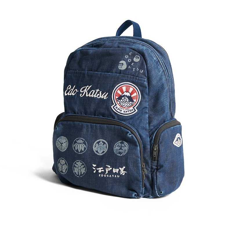 Edo katsu Japanese style family crest pocket backpack - unisex (leaven washed blue) #bag - กระเป๋าถือ - ผ้าฝ้าย/ผ้าลินิน สีน้ำเงิน