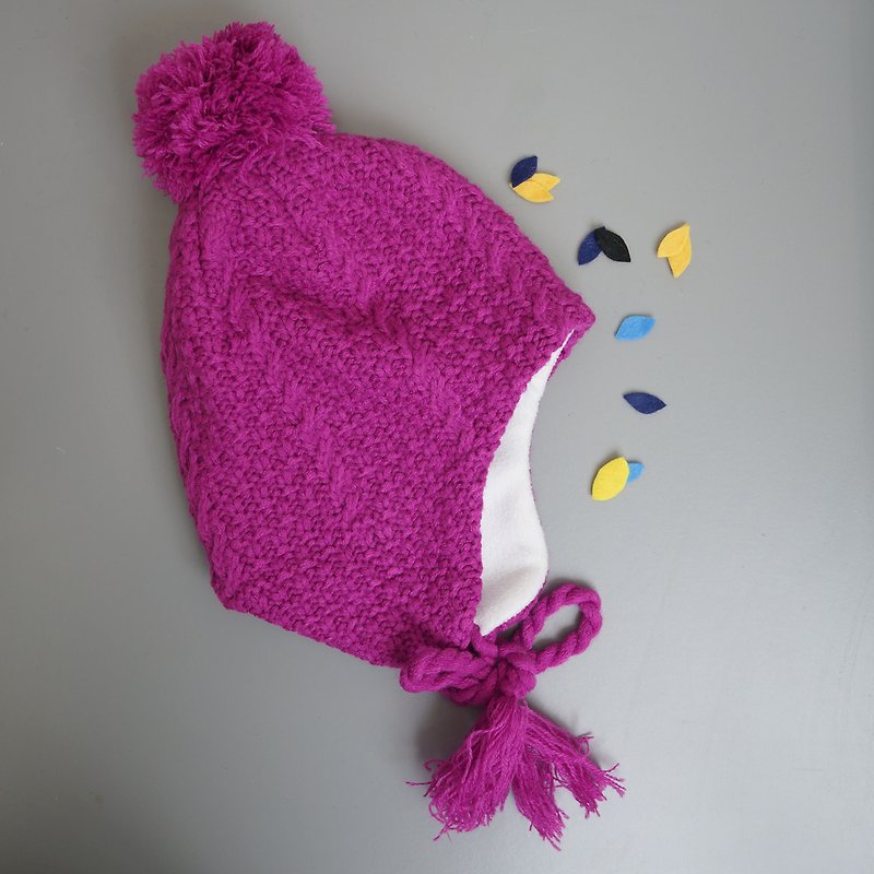 Bonbies 雙層針織POMPOM保暖耳飛行帽內裡絨布 - 嬰兒帽/髮帶 - 羊毛 紫色