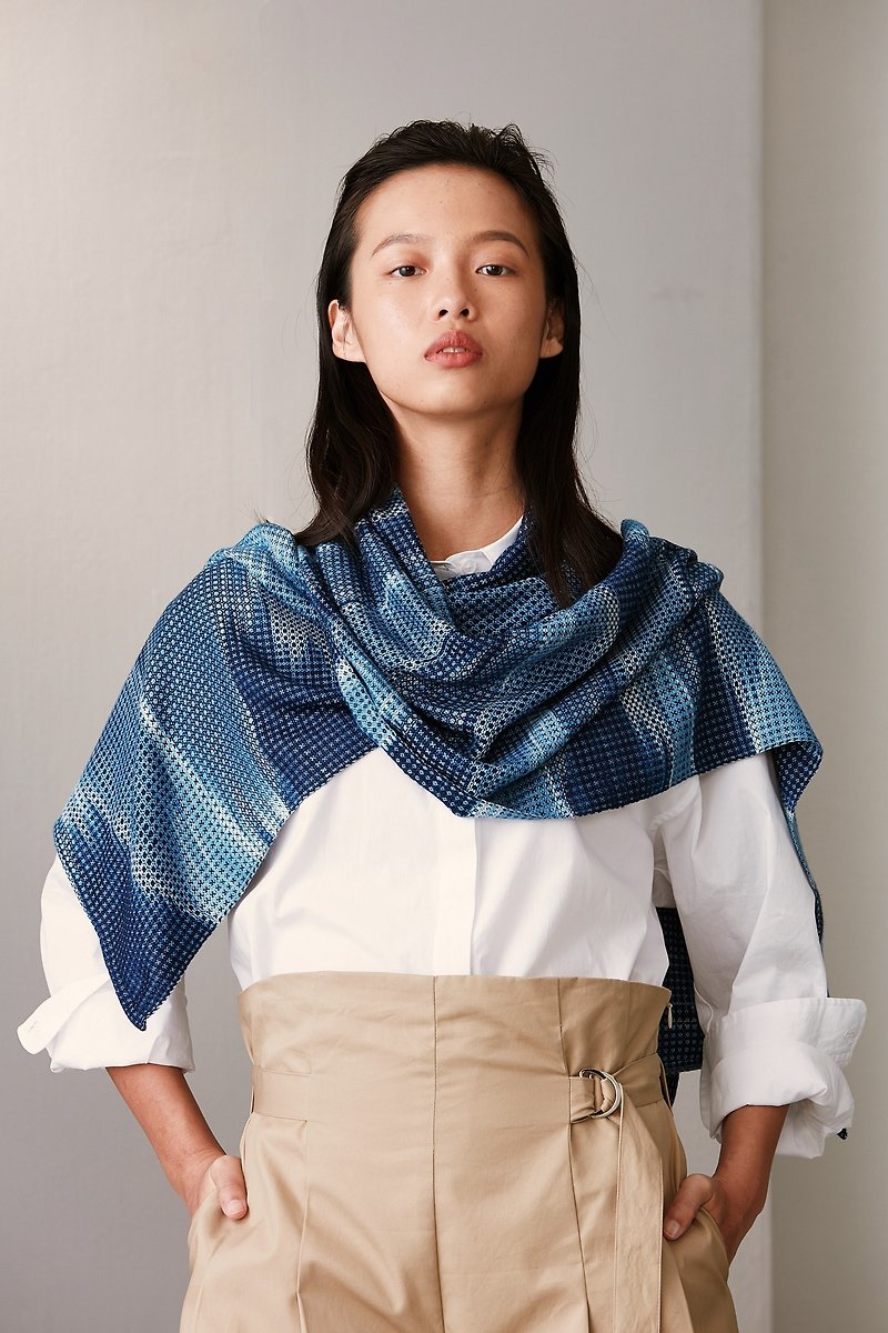 Silk cotton blue dyed woven towel - Knit Scarves & Wraps - Silk Blue