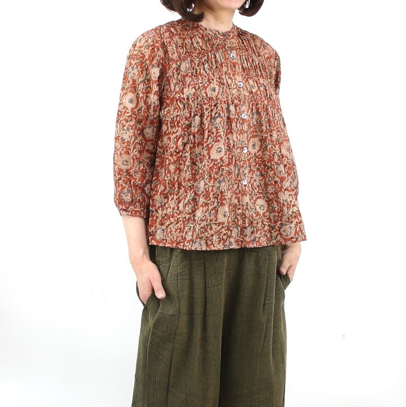 Indian cotton blouse, vegetable dyed, block printed, Kalamkari, hand block, cool, light - เสื้อเชิ้ตผู้หญิง - ผ้าฝ้าย/ผ้าลินิน สีส้ม