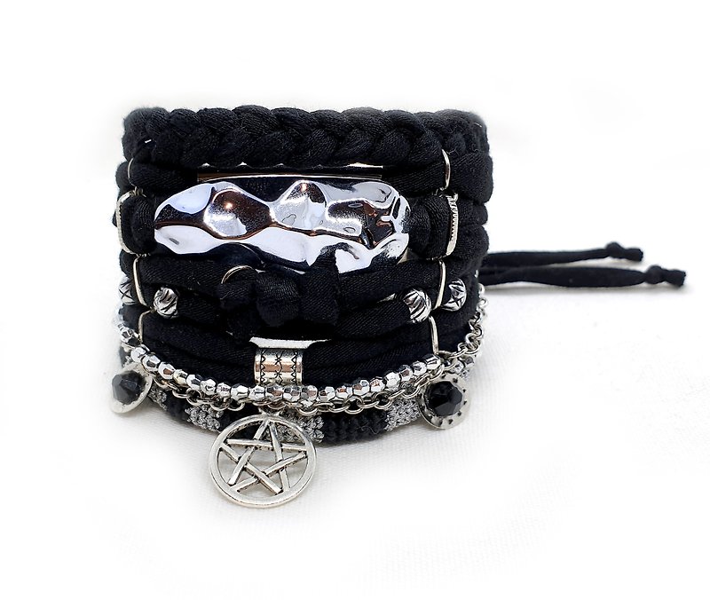 Bohemian Gypsy Black Silver Pentacle Pentagram Bracelet Set Pagan Wiccan Jewelry - สร้อยข้อมือ - งานปัก สีดำ