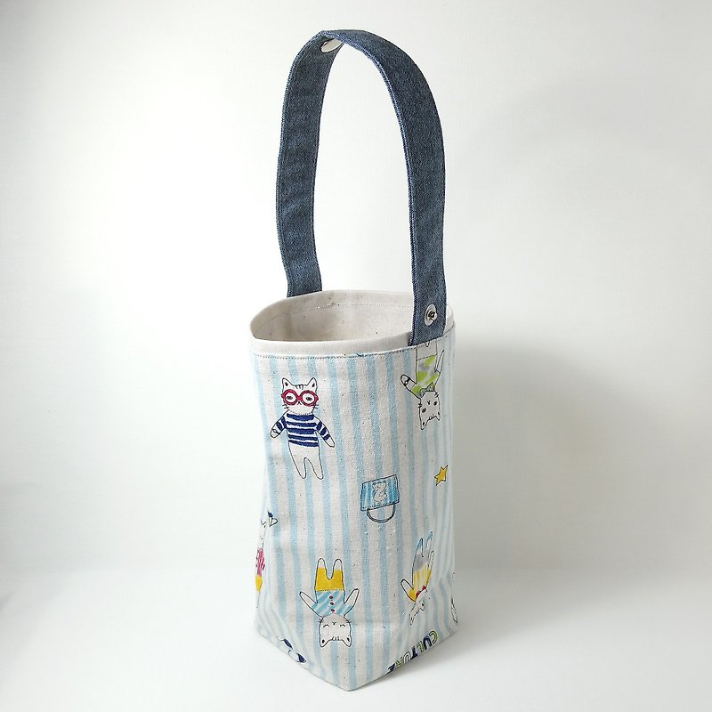 [BD/ Beverage Bag] Qruru. Doodle Cat. Aqua Blue Stripe - Beverage Holders & Bags - Cotton & Hemp Blue