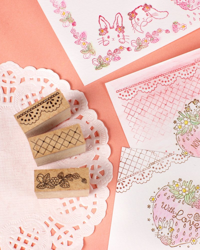 [Lovely mini stamp 3-piece set] Lace and lattice pattern strawberry Diary and message card Cute border and corner frame - Stamps & Stamp Pads - Rubber Khaki