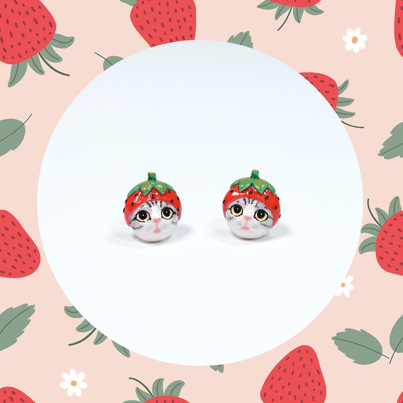 ดินเหนียว ต่างหู สีแดง - Strawberry Cat Earrings, Cat Stud Earrings, Strawberry Earrings, cat lover gifts