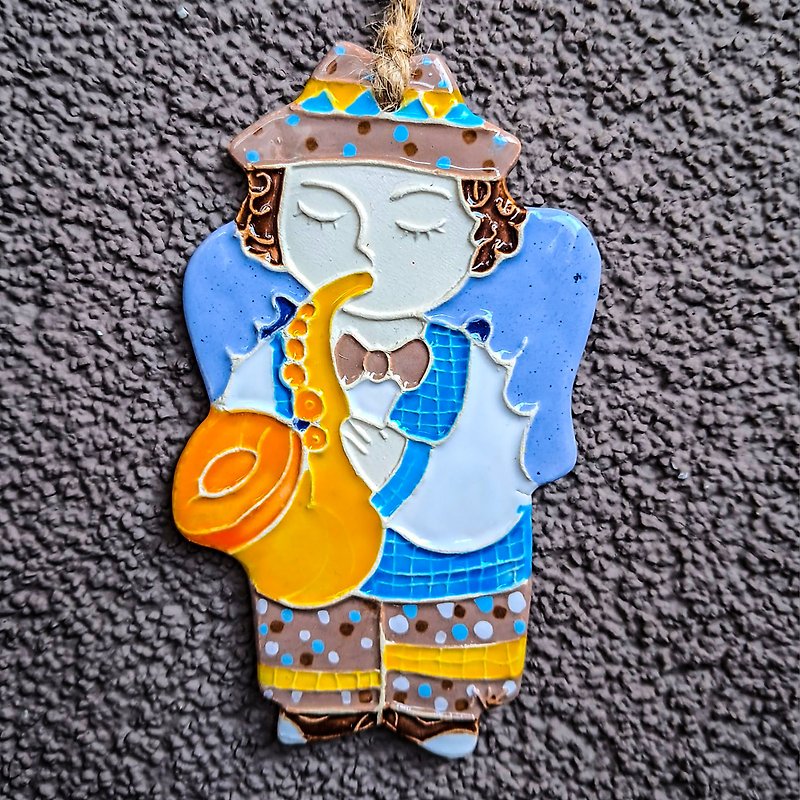 Ceramic angel with saxophone wall decoration,christmas Angel ornaments,handmade - 牆貼/牆身裝飾 - 黏土 多色