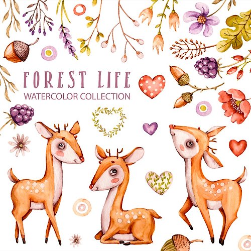 UlitkaStudio Watercolor cute forest deer clipart, wild Baby Animals. Nursery woodland Animal