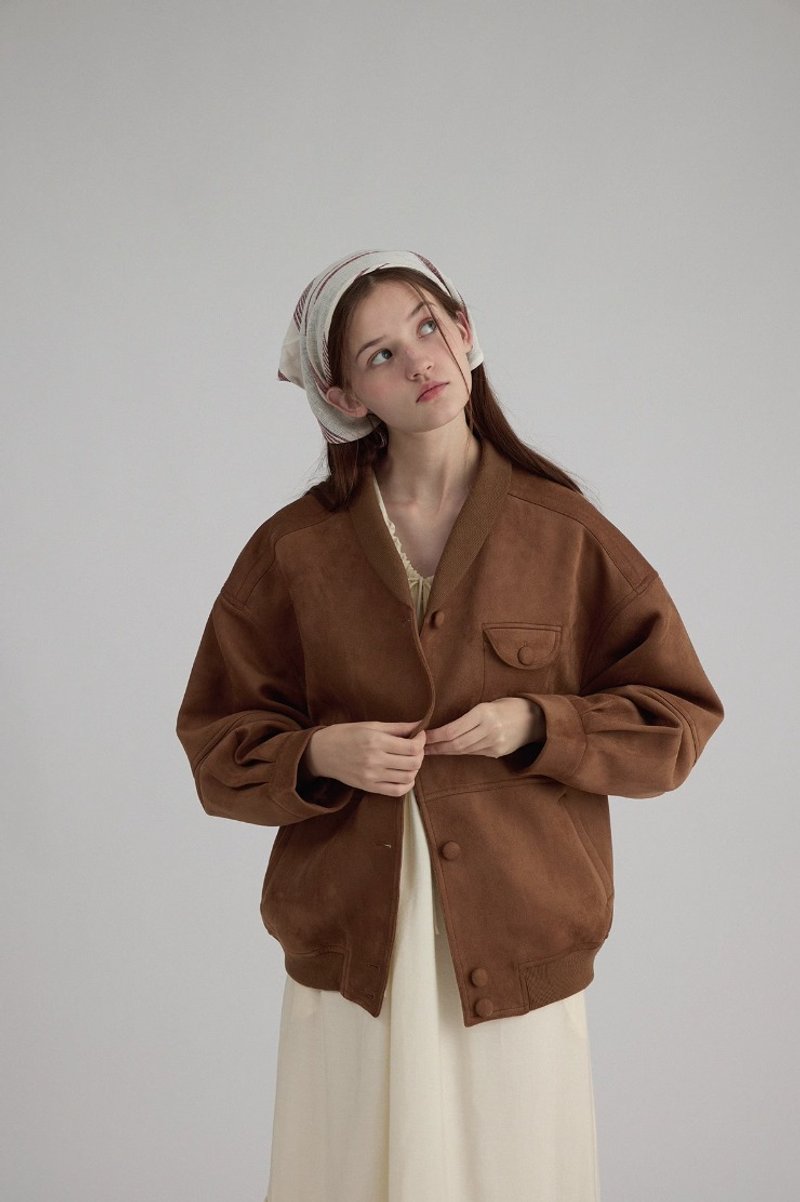 北歐極簡 中古感麂皮棒球服外套 - 女大衣/外套 - 其他材質 咖啡色