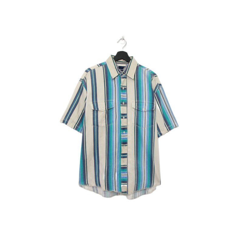 Back to Green-條紋短袖襯衫 青藍淡紫 線條TS-05/vintage shirt - 男襯衫/休閒襯衫 - 棉．麻 