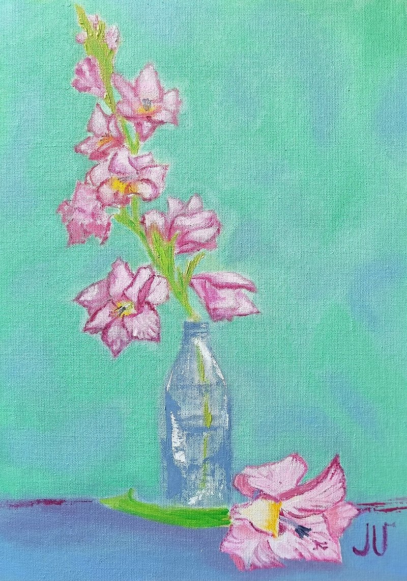 オリジナル オイル アート グラジオラスの花瓶の花静物画アーティストの署名入り - ウォールデコ・壁紙 - その他の素材 多色