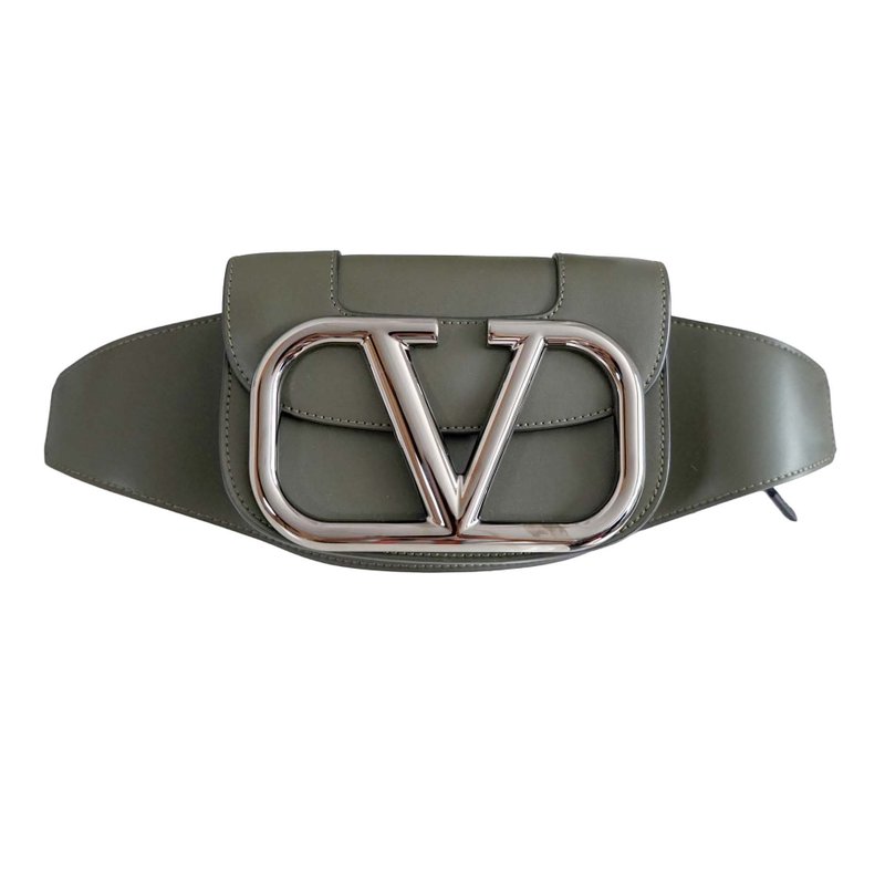 全新正版VALENTINO 軍綠色牛皮超大LOGO腰包手袋 法國奢侈品牌 - 側背包/斜背包 - 真皮 綠色