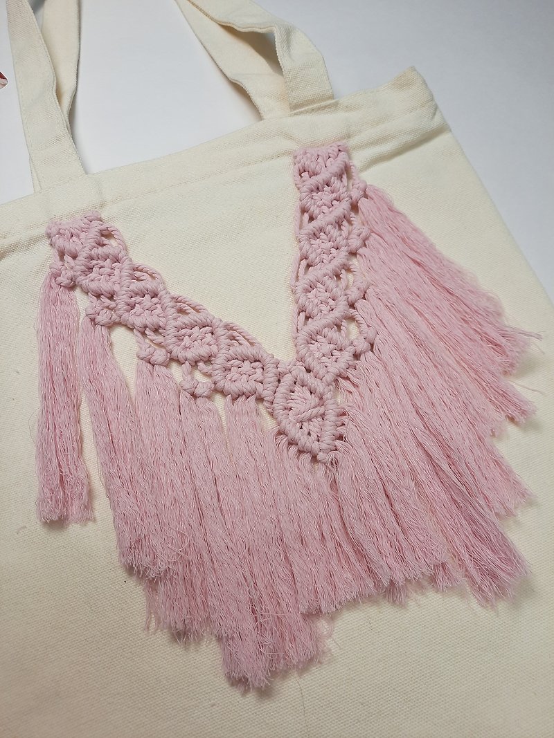 Macram 手編綿繩托特帆布袋 - 粉紅色 - 側背包/斜孭袋 - 棉．麻 粉紅色