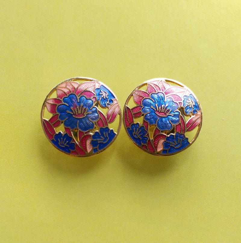 【西洋古董飾品 】景泰藍 紅葉藍花  花卉 夾式耳環 - 耳環/耳夾/耳骨夾 - 其他材質 金色