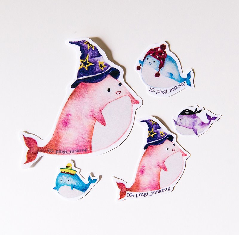 Whale hat show Stickers round whale hat show stickers set of hand-painted watercolor stickers pack - สติกเกอร์ - กระดาษ สึชมพู