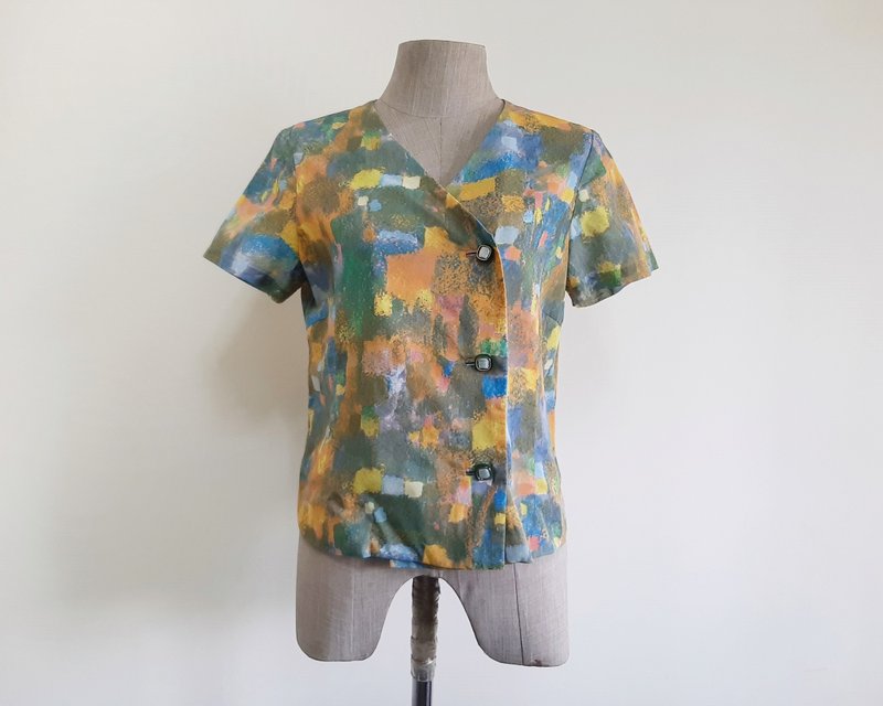 復古抽象印花女士短袖上衣 S 碼 - 女裝上衣 - 棉．麻 多色