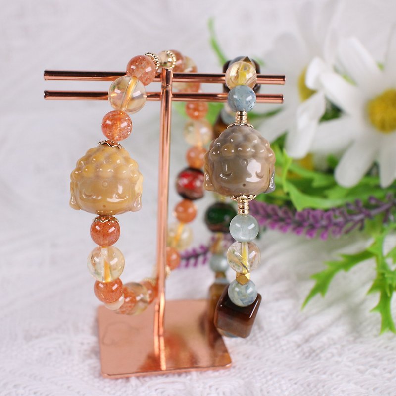 Q version doll Buddha head natural mineral crystal good luck, wealth and blessing elastic bracelet gift - Bracelets - Crystal 