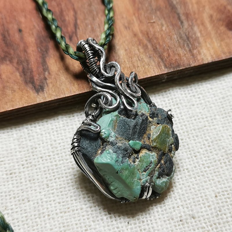 Natural turquoise ore sterling silver braided pendant / with waterproof Wax thread necklace - สร้อยคอ - เครื่องประดับพลอย สีเขียว