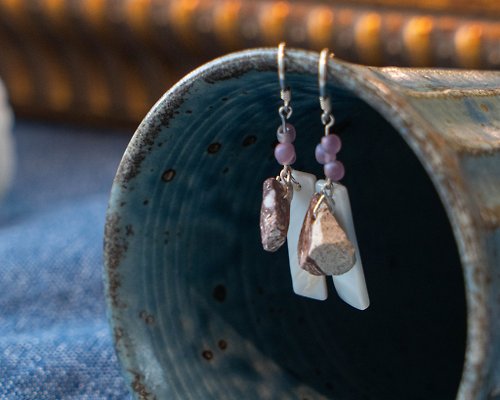 米石里 石穗-穀雨 紫色串珠搭配咖啡色大理石 手作耳環獨家設計