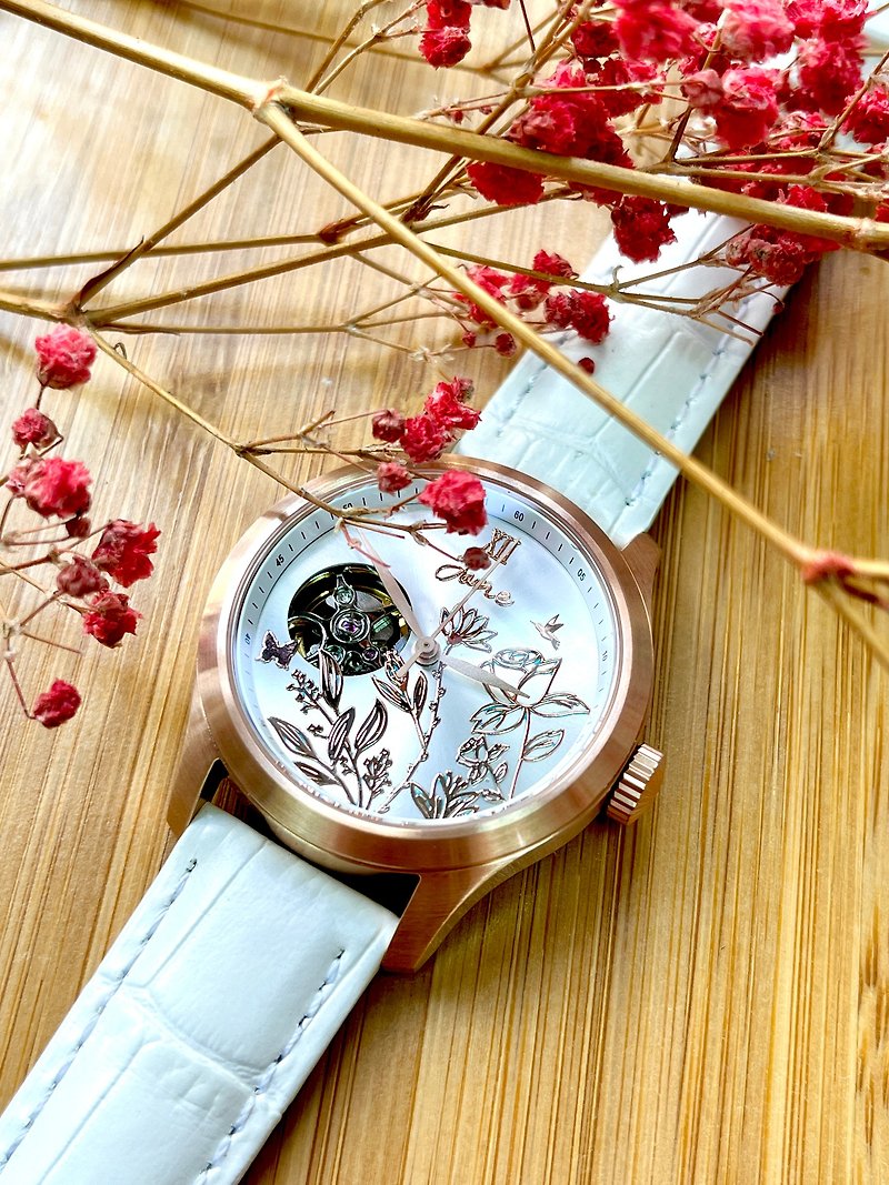夢想花園金屬浮雕錶盤/日本製機械錶/鏤空機芯 - 女錶 - 不鏽鋼 