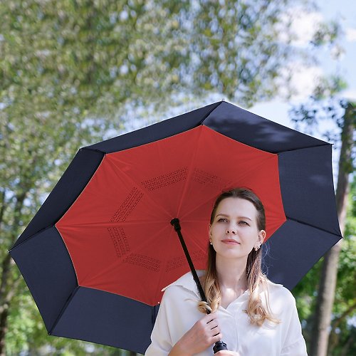 美而耐(MEI&NAI) 美而耐【反向傘-藍面紅底】一鍵收傘 反向雨水 抗風防潑水 大傘面