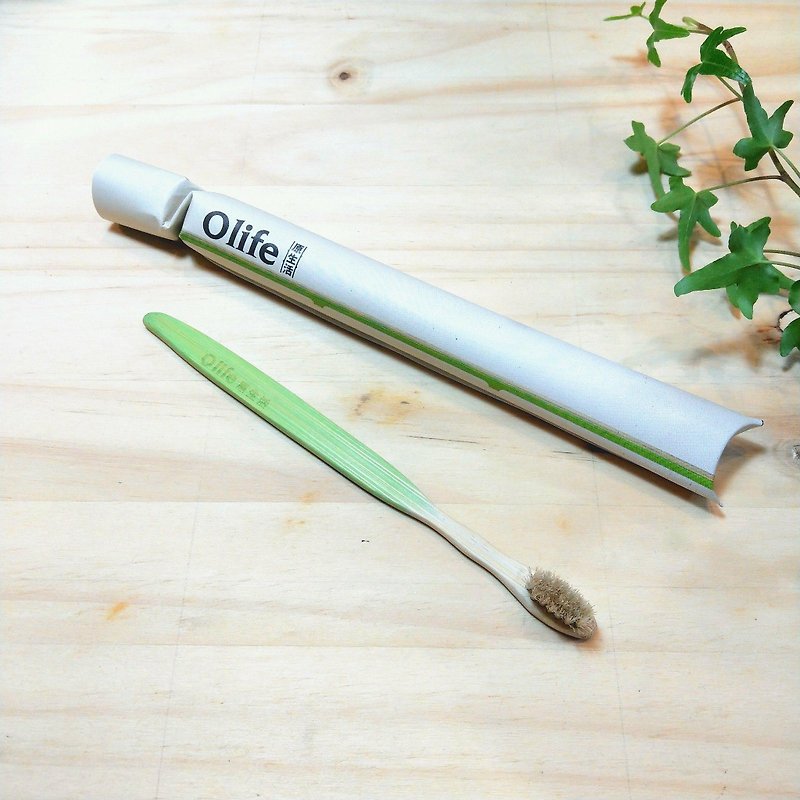 Olife original life natural handmade bamboo toothbrush [moderate softness white horse hair gradually light green] - อื่นๆ - ไม้ไผ่ สีเขียว