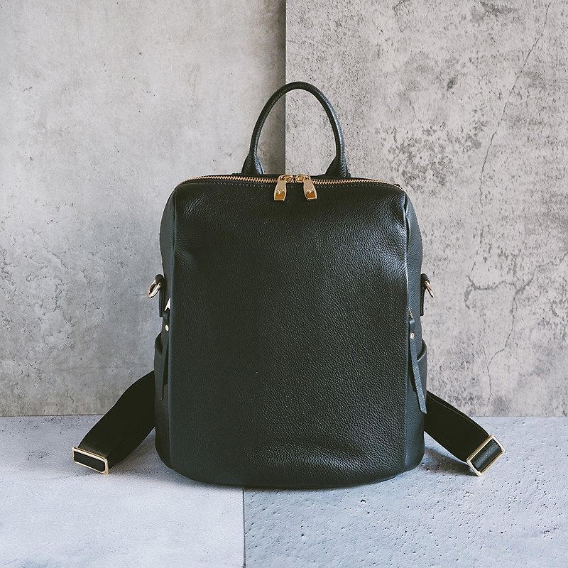 Genuine leather simple backpack 7001 black - Backpacks - Genuine Leather Black