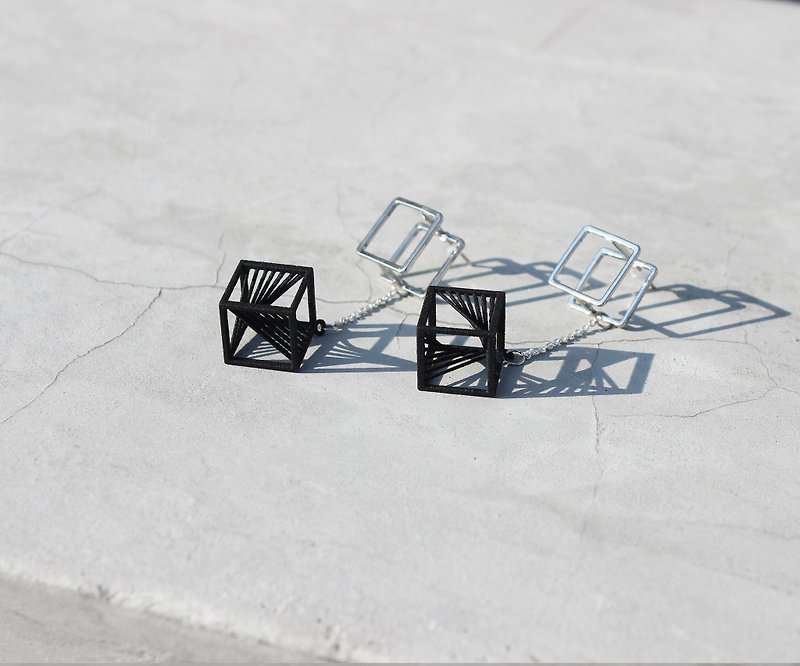 【String Art】3D Printed Geometrical Cube X Square cylinder Earrings - Earrings & Clip-ons - Other Metals Silver