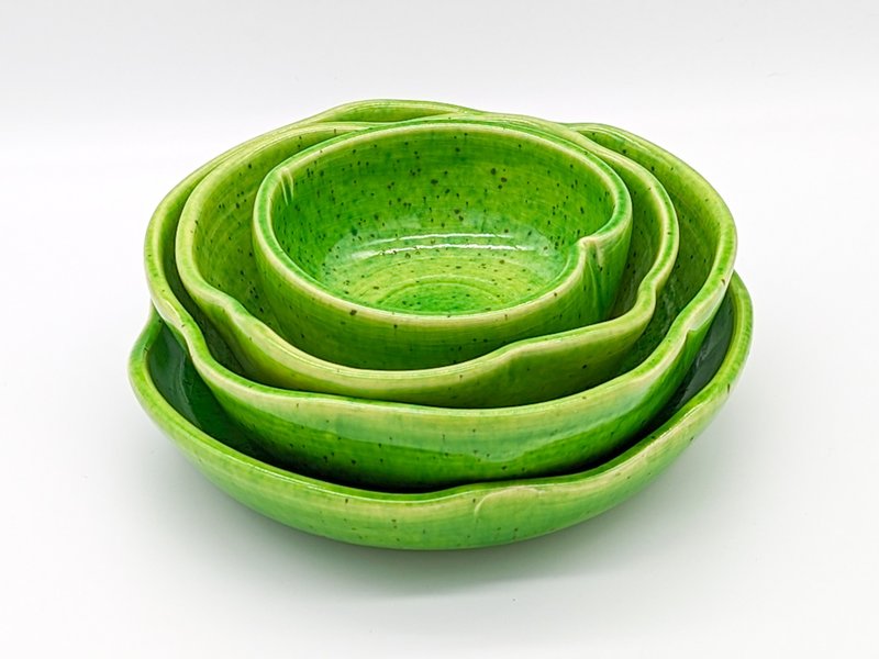 Pottery 4 Plates Set, Housewarming gift, Dinnerware sets, Handmade ceramic green - 碟子/醬料碟/醬油碟 - 陶 綠色