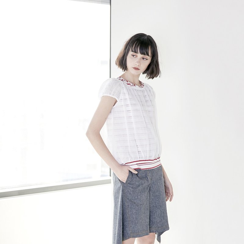Qin through foldable see-through horizontal stripes puff sleeve top - เสื้อผู้หญิง - ผ้าฝ้าย/ผ้าลินิน หลากหลายสี