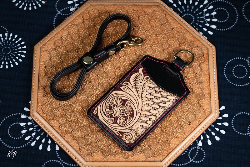 Tangcao leather carving-black straight ID holder (card holder, EasyCard, ID card holder, Italian vegetable tanned leather) - ที่ใส่บัตรคล้องคอ - หนังแท้ สีดำ