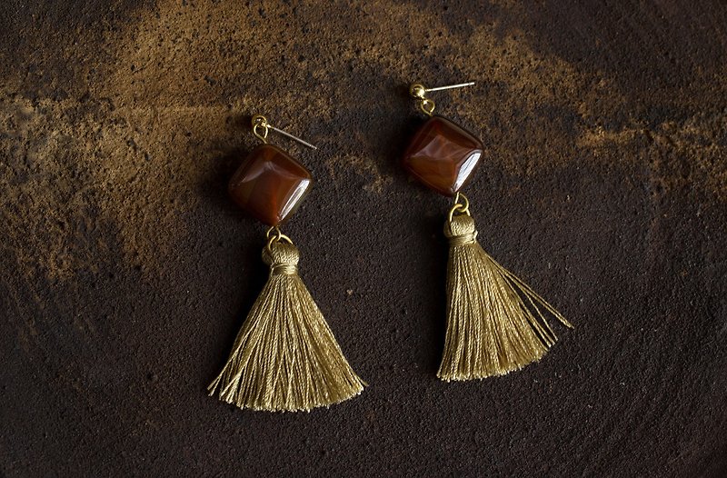 Brown agate tassel earrings-can be used as clip earrings - ต่างหู - วัสดุอื่นๆ สีนำ้ตาล
