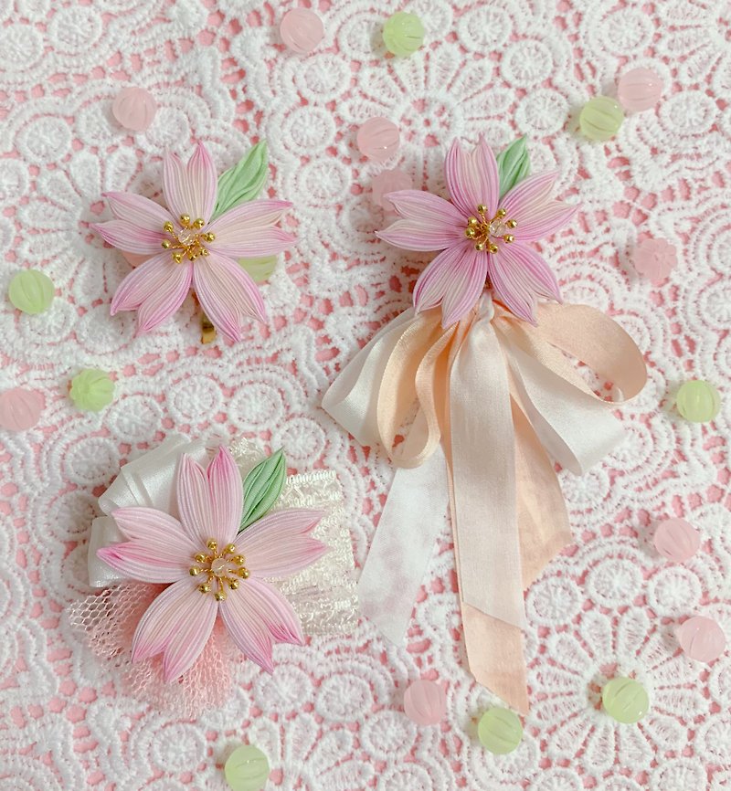 (Sakura さくら2021) Fine work cloth flower hair ornament/ponytail buckle つまみ fine work - Hair Accessories - Cotton & Hemp Pink