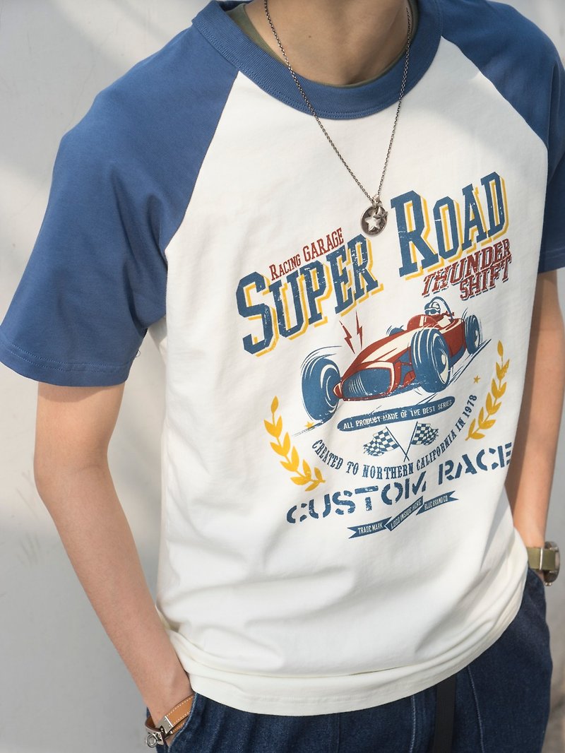 Summer vintage locomotive printed raglan design short sleeve Tee shirt - เสื้อยืดผู้ชาย - ผ้าฝ้าย/ผ้าลินิน ขาว