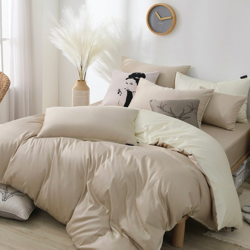 Basic9 奶茶X奶油黃 300織長絨棉 床包枕套/床包被套組/台灣製 - 寢具/床包 - 棉．麻 