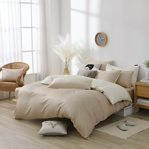 OLIVIA 原創設計寢具 BASIC 9 奶茶X奶油黃 300織精梳長絨棉/床包被套組/ 台灣製
