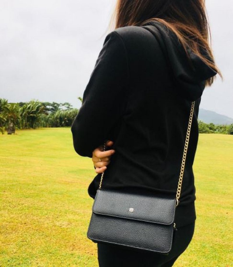 Tosca | Flat Clutch-Removable wallet shoulder bag leather wallet bag side back - กระเป๋าแมสเซนเจอร์ - หนังแท้ สีดำ