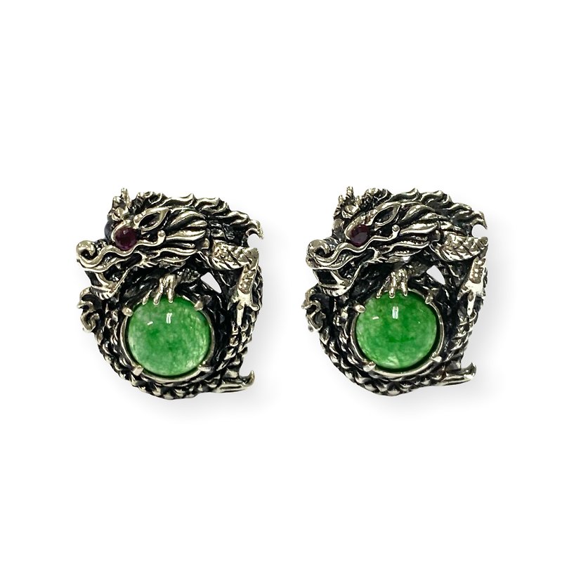 Vintage Jade Dragon & Ruby Stone Wedding Cufflinks For Groom 925 Sterling Silver - 袖扣 - 純銀 銀色