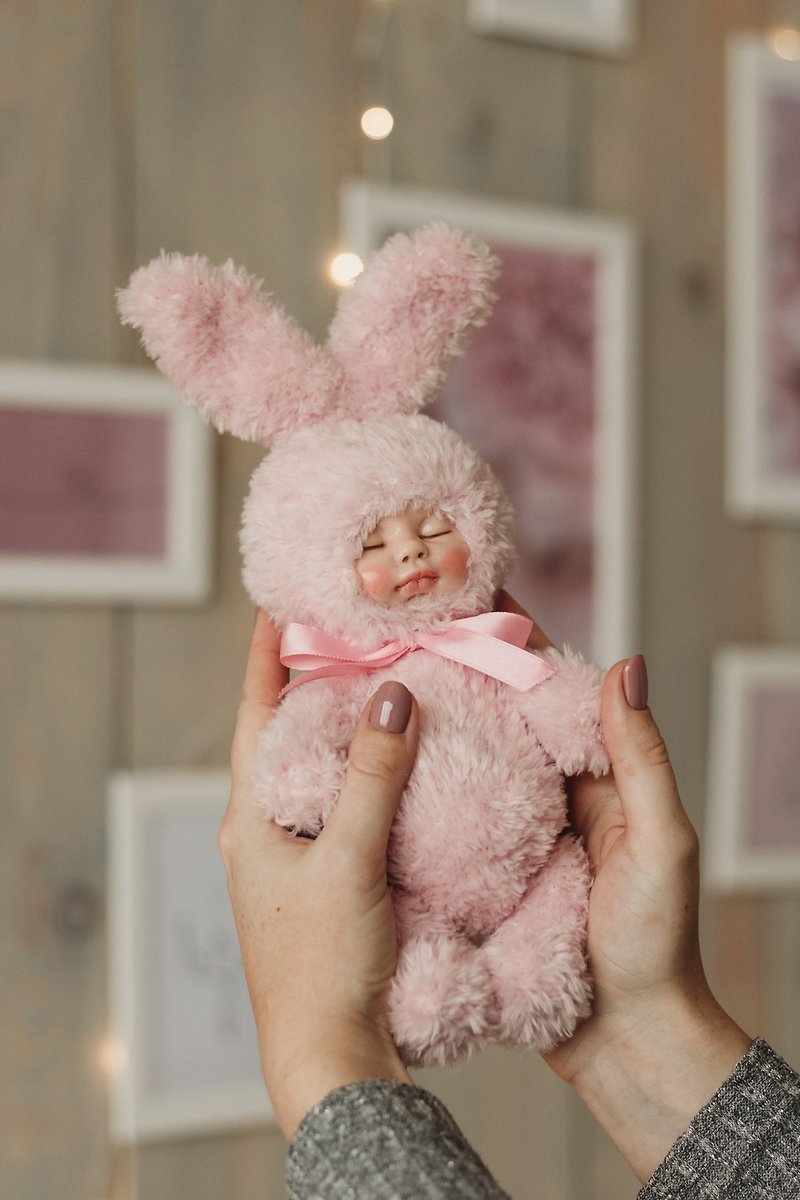 Pink teddy doll bunny, sleeping baby doll, stuffed animal toy - ของเล่นเด็ก - เส้นใยสังเคราะห์ สึชมพู