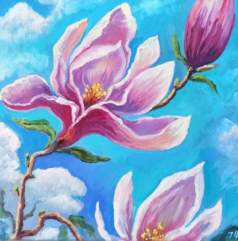 Pink Magnolia Oil Painting on Canvas 30x30cm Flowers Original Art Floral Artwork - 壁貼/牆壁裝飾 - 其他材質 