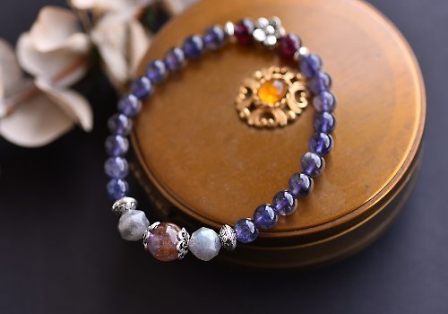CaWaiiDaisy Handmade Jewelry 堇青石+紫鈦晶+拉長石純銀花朵手鍊